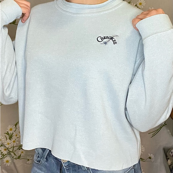 Vintage Sweaters - Vintage 90s pastel blue semi crop embroidered graphic Cherokee feather t shirt